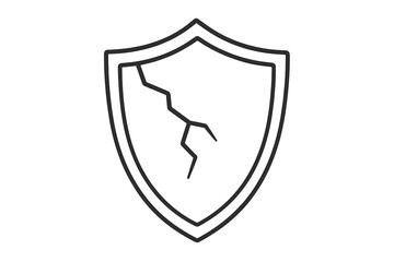 Cracked shield icon. Metaphor for security breach, vulnerability, and risk. Concept for data leak, system failure, or cyber attack. Unsafe, unprotected, broken defense symbol.