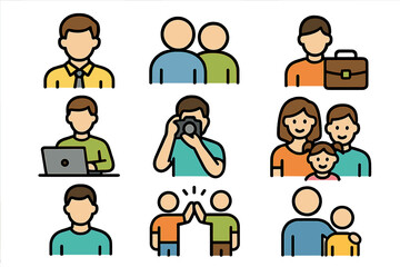 User Related Icon Set of Staff People Work Hobbies Family Concepts for Graphic Design Website Cards Books Articles Vector Cartoon Illustration
