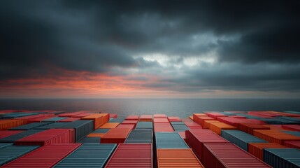 Colorful Shipping Containers on a Dock Under Dramatic Sky at Sunset with Calm Ocean in the Background