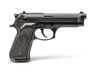 Black handgun, side profile, isolated on white