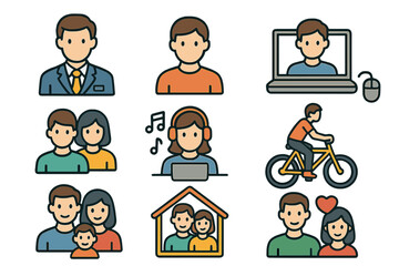 Diverse User Related Icon Set with Staff, People, Work, Hobbies, Family, Online Communication, Cycling, and Music Elements for Graphic Design, Websites, Cards, and Articles Vector Cartoon Illustration