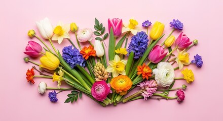 Colorful Spring Flowers Bouquet on Pink Background.