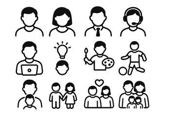 User Related Symbol Set with Staff, People, Work, Hobbies, Family Icons for Graphic Design, Websites, Cards, Books, Digitally Illustrated Vector Cartoon Icons for Various Uses