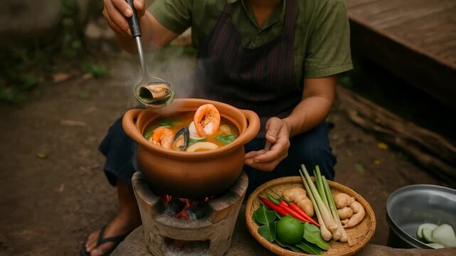 Spicy Thai seafood soup claypot street food shrimp prawn mussel lemongrass chili lime galangal ginger herb broth simmering aroma steam
