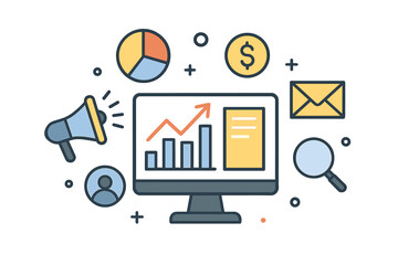 Vector illustration of digital marketing and business analytics. Computer with growth chart, icons for SEO, email, advertising campaign, financial report, and market research.