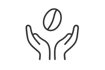 Hands holding coffee bean icon. Minimal line art vector. Concept of fair trade coffee, quality production, natural, organic, harvest. Pictogram for cafe, app, web, logo design.