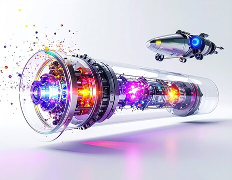 Transparent cylinder with lights, futuristic spaceship overhead