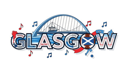 Fototapeta premium Glasgow Cityscape A Colorful Illustration Featuring Iconic Architecture and Scottish Emblems