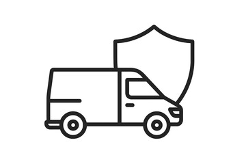 Minimalistic Van Truck with Shield Icon, Delivery Security Concept, Safety Protection Symbol, Linear Pictogram for Web Design, Apps, Banners, Social Media, Vector Illustration