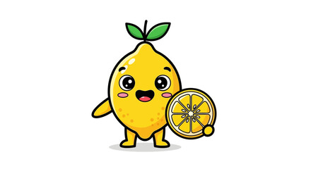 Obraz premium Adorable Lemon Mascot with a Smiling Face, Holding a Lemon Slice, Cute Cartoon Character
