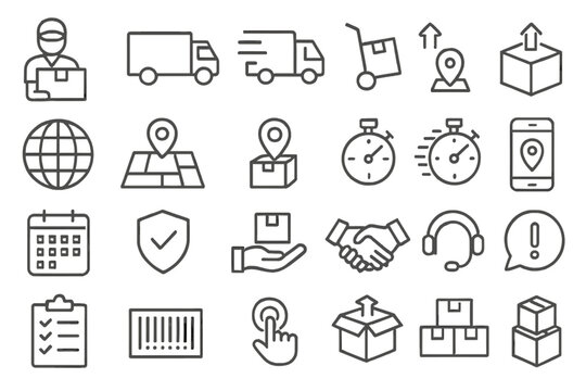 Logistics and delivery icon set. Courier service, express shipping, order tracking, and e-commerce symbols. Includes truck, map, stopwatch, package, and customer support icons.