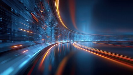 A futuristic, curved tunnel of data streams.  Dynamic, glowing lines of orange and blue light streak across a reflective, dark roadway.  Buildings or data structures are depicted on the tunnel walls