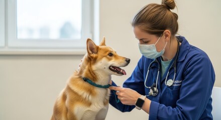 A female veterinarian examining a dog in a clinic.