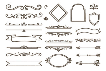 Hand drawn vintage design elements set. Collection of decorative dividers, frames, banners, arrows, and swirls. Retro calligraphic ornaments and line borders for decoration.