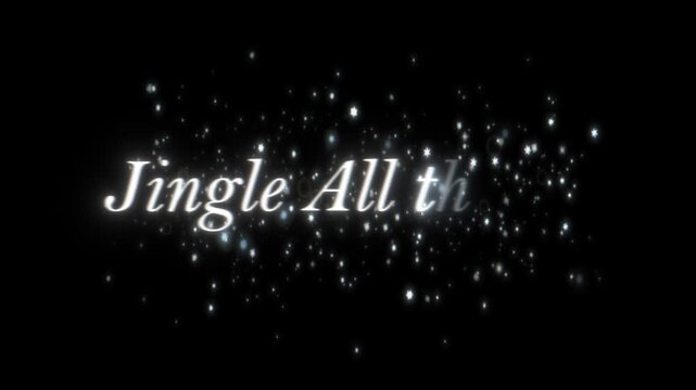 Jingle All the Way.' The video should feature the full text appearing with a burst of bright, silver, or icy-white particles, mimicking the look of glittering frost or bell sounds.