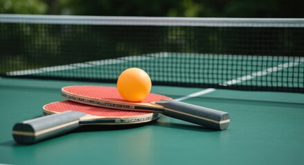 Two ping pong paddles and a ball on a green table with a net