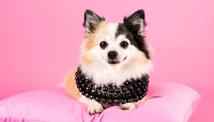 Smiling Dog Sitting on Pink Pillow with Black Necklace