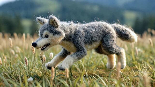 Animated wolf runs across meadow with green grass and blurred background