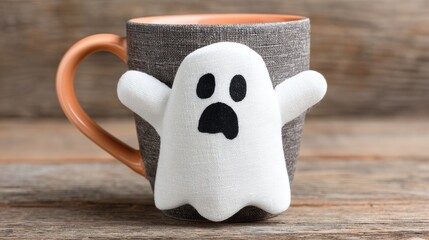 Cute ghost plush decoration on cozy mug with rustic background for Halloween festive atmosphere and seasonal celebration