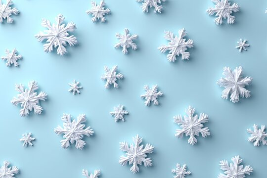 3D rendering of white snowflakes scattered on a light blue surface, winter theme