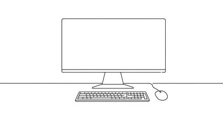 Minimalist Line Drawing of a Desktop Computer Setup for Work or Study