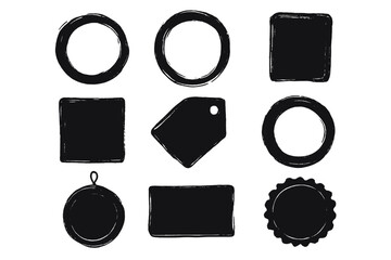 Set of grunge post stamps, sale tags, and shopping labels. Collection of round and square banners, boxes, frames for logos or icons. Hand-drawn brush circle vector set.
