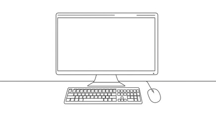 Minimalist Outline of a Modern Computer Setup Featuring a Monitor, Keyboard, and Mouse on a Desk