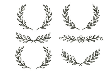 Hand drawn vector set of vintage laurel wreaths and branches. Flower ornament dividers collection with decorative leaves, swirls, and ornate floral elements for design.