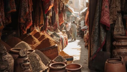Fototapeta premium A bustling spice market with colorful fabrics