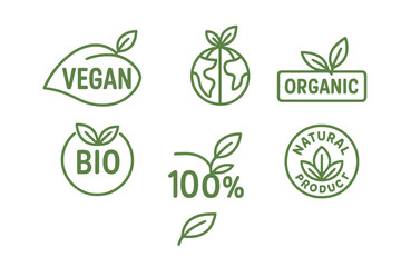 Vegan, eco, bio, organic food labels. 100 percent fresh healthy natural product emblem. Set of green vector icons, logos, badges, tags for cafe, restaurant packaging.
