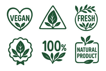 Vegan, eco, bio, organic food labels collection. Fresh, healthy, 100 percent natural product stamps. Green vector icons, emblems, and badges for sustainable packaging.