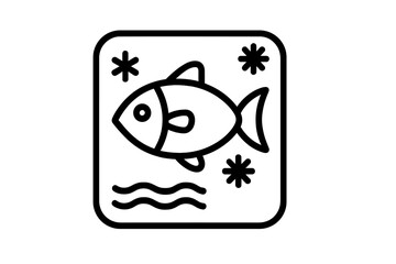 Frozen fish outline linear icon. Seafood product packaging symbol. Freezer storage vector sign. Fresh fish market, grocery meal concept. Refrigeration cold food illustration.