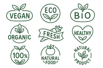 Set of healthy food labels. Vegan, eco, bio and organic product badges. Collection of natural food logos. Fresh and 100% healthy emblems for packaging, sticker, tags. Vector icon.