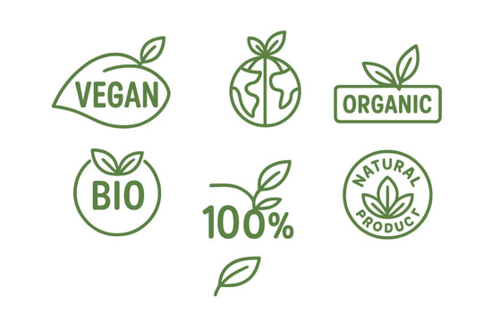 Vegan, eco, bio, organic food labels. 100 percent fresh healthy natural product emblem. Set of green vector icons, logos, badges, tags for cafe, restaurant packaging.
