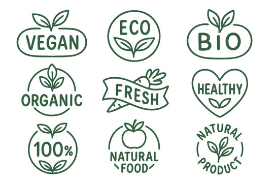 Set of healthy food labels. Vegan, eco, bio and organic product badges. Collection of natural food logos. Fresh and 100% healthy emblems for packaging, sticker, tags. Vector icon.