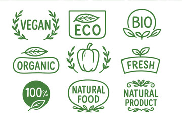 Vegan, bio, eco friendly icon set. Organic, fresh, 100% natural food labels. Healthy product packaging badges, vegetarian restaurant logo. Green vector emblem collection.