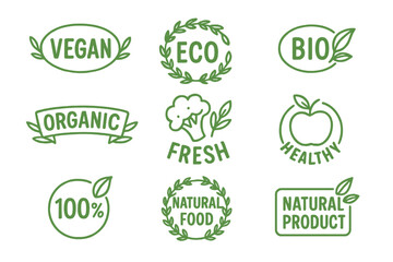 Set of vegan, organic, and bio food labels. Healthy, fresh, and natural product icon collection. Eco-friendly emblems, badges, and logos for food packaging and stickers.