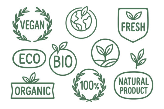 Set of vegan, eco, bio and organic food labels. Collection of fresh, healthy, 100 percent natural product emblems. Green vector icons for packaging, badges, tags and logos.