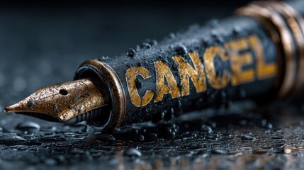 Close up of a fountain pen with the word cancel on its barrel, symbolizing ending an agreement.