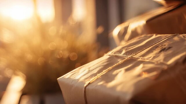 Close up of brown paper packages tied with string, bathed in soft sunlight, evokes feelings of warmth and joy. Perfect for themes of holidays, delivery, and special occasions