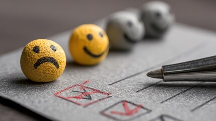 Sad emoji ball on checklist with pen representing negative feedback and dissatisfaction