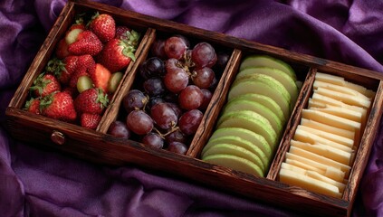 Wooden box with sections of fresh fruit and cheese