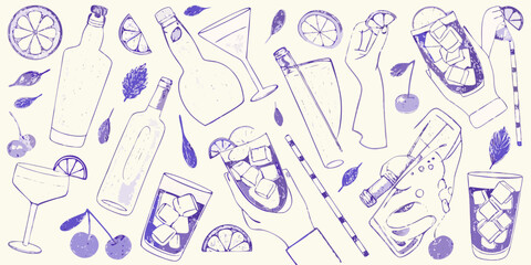Hand drawn sketchy purple cocktail and drink elements with fruits and leaves on a light background