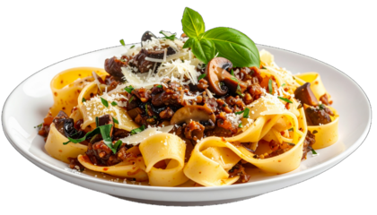 A plate of pappardelle pasta topped with mushrooms, meat sauce, grated cheese, fresh basil, and parsley.