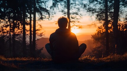 A lone figure sits in a meditative pose, silhouetted against a vibrant sunset in a forest clearing.