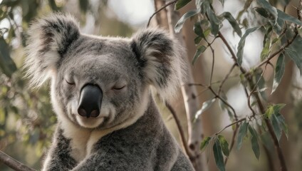 Naklejka premium Sleepy koala in eucalyptus tree