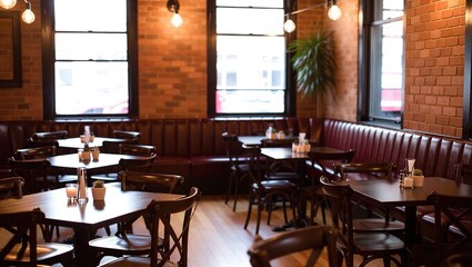Cozy Restaurant Interior with Exposed Brick Walls and Warm Lighting.