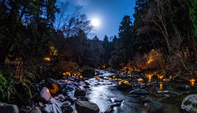 Moonlit river flows through dark forest with soft, warm light