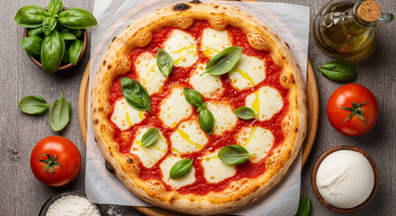 Overhead view of a classic neapolitan pizza with buffalo mozzarella, basil, tomatoes, and olive oil on a wooden board, surrounded by fresh ingredients