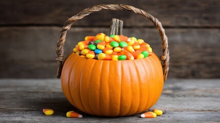 Festive Halloween Pumpkin Filled with Colorful Candy Corn and Sweet Treats on Rustic Wooden Table Background